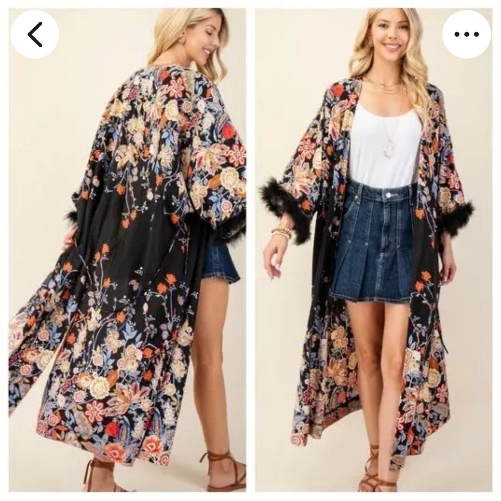 Floral Black Kimono with Feather Trim